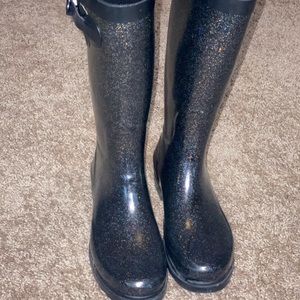 Tall black subtle glitter design rain boots